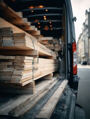 Poster - Logistics Van Loaded With Wood Planks Parked on City Street During Daylight