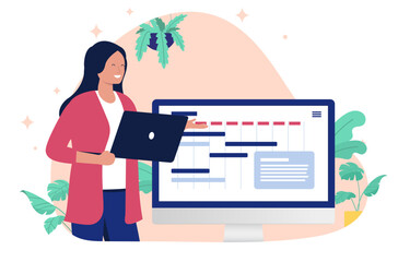 Aufkleber - Project manager woman with laptop - Female person working with company and business project management making schedules in calendar. Flat design vector illustration graphic on white background