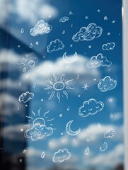 Leinwandbilder - Decorative Transparent Weather-Themed Stickers Create a Whimsical Display on a Window Pane With a Clear Blue Sky Backdrop