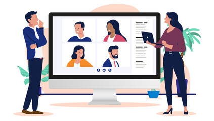 Poster - Online business video meeting - Two people, man and woman in office talking with businesspeople remotely online. Flat design vector illustration graphic on white background