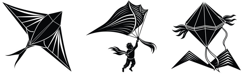 Poster - Silhouette set of kites flying boy and three different kite designs monochrome illustration