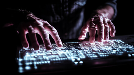 Close up of Hands Typing on Glowing Purple and Blue Keyboard at Night