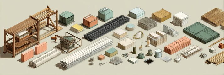 Poster - Construction Materials Layout in Isometric Style Showcases Various Supplies and Tools for Building Projects in a Clean, Organized Manner