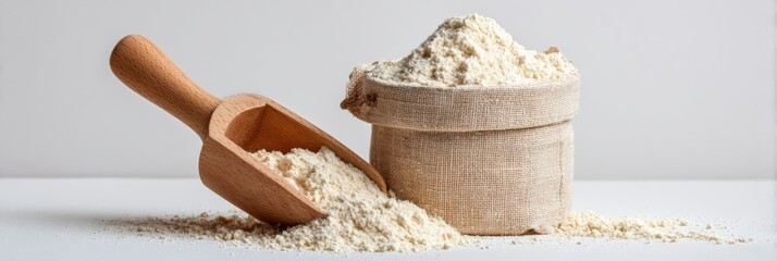Poster - Dry Mix in Sack With Wooden Scoop on Clean Background Ready for Measuring and Cooking