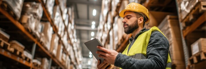 Fototapete - Worker Checks Inventory on Tablet in a Warehouse With Pallets in the Background During Daytime Hours at a Distribution Center