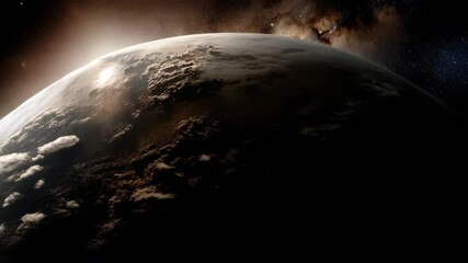 Wall Mural - Mysterious exoplanet with dense cloud cover in deep space, illuminated by a distant star with starry background.