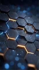Poster - Black hexagonal pattern with blue and orange glowing edges is modern, abstract and geometrical
