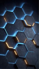 Poster - Abstract background featuring dark textured hexagons with glowing blue and orange edges and details