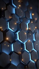 Poster - Hexagonal cell structure with blue glowing edges and golden particles, creating a modern and technological look