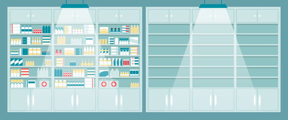 Poster - Cartoon Color Empty and Full Pharmacy Shelving with Drug Products Set Concept Flat Design Style. Vector illustration