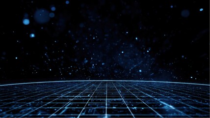 Poster - Digital grid with blue particles floats against dark abstract futuristic space