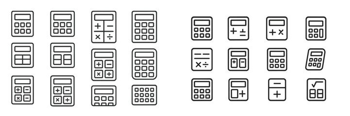 Poster - Various calculator designs arranged in a grid format showcasing different functions and styles in a minimalistic manner