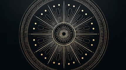 Wall Mural - A golden intricate mandala design with radiating lines and circular patterns on a dark background