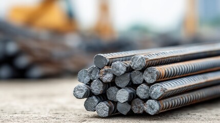 Poster - Steel Rebar Bundle Arranged on the Ground With a Blurred Background at a Construction Site