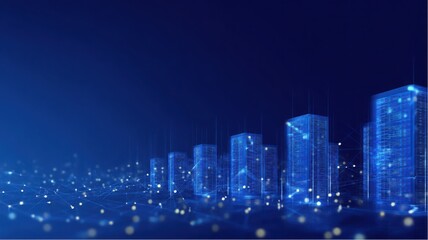 Poster - Virtual city network in dark blue showing data communication connections and digital infrastructure