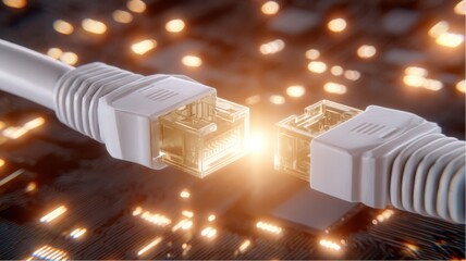 Poster - Connecting ethernet cables to a network with bright digital lights representing fast data transfer