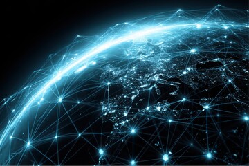 Poster - Planet earth is displayed with connecting glowing lines showing data network coverage