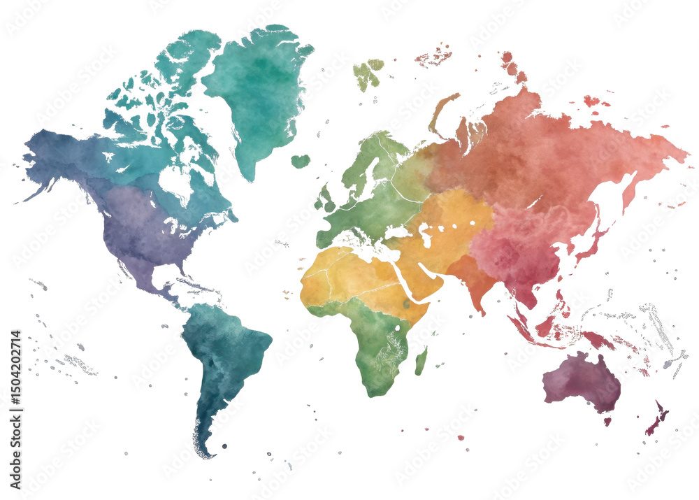 Watercolor world map continents illustration geography travel atlas ...