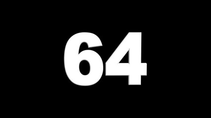 Fototapete - 3D animation of white English numbers 64 on a black background. Glowing text 64 number countdown icon. counting number 74. number counter loading bar animation