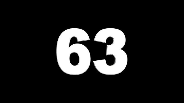 3D animation of white English numbers 63 on a black background. Glowing text 63 number countdown icon. counting number 63. number counter loading bar animation