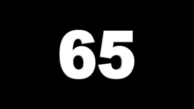 3D animation of white English numbers 65 on a black background. Glowing text 65 number countdown icon. counting number 65. number counter loading bar animation