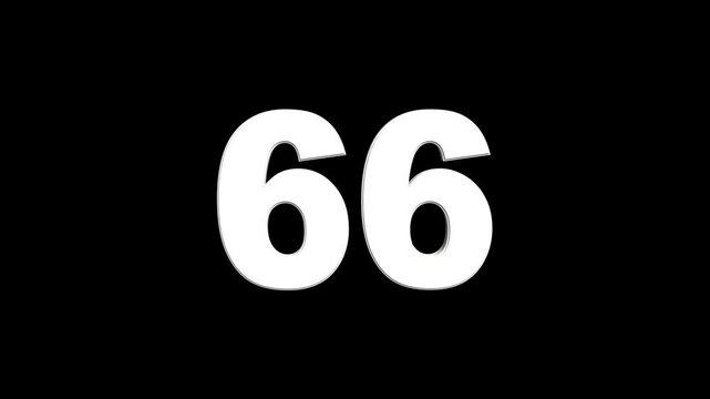 3D animation of white English numbers 66 on a black background. Glowing text 66 number countdown icon. counting number 66. number counter loading bar animation