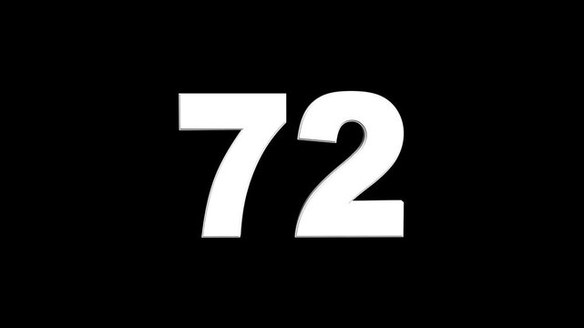 3D animation of white English numbers 72 on a black background. Glowing text 72 number countdown icon. counting number 72. number counter loading bar animation