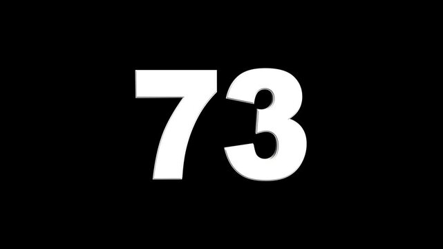 3D animation of white English numbers 73 on a black background. Glowing text 73 number countdown icon. counting number 73. number counter loading bar animation