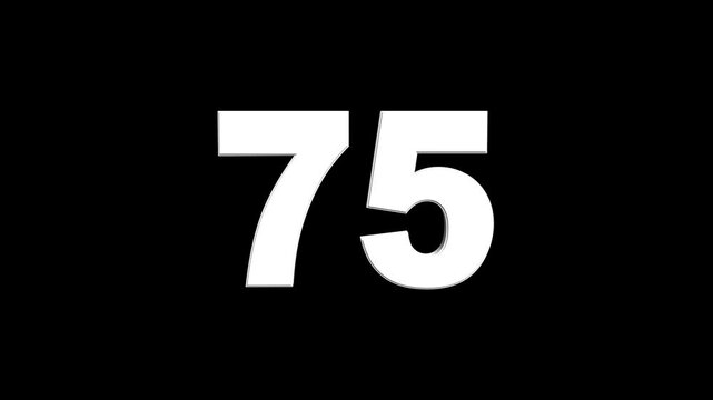 3D animation of white English numbers 75 on a black background. Glowing text 75 number countdown icon. counting number 75. number counter loading bar animation
