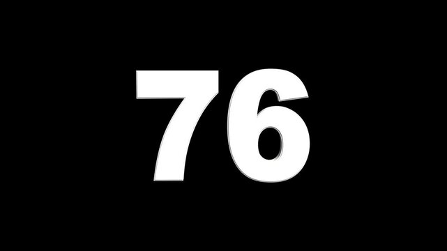 3D animation of white English numbers 76 on a black background. Glowing text 76 number countdown icon. counting number 76. number counter loading bar animation