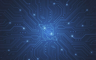 Blue circuit board background displaying a high-tech electronic pattern 