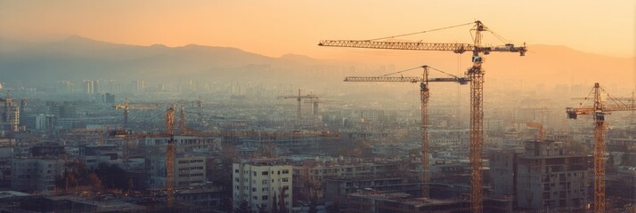 Poster - Construction Activity in Urban Landscape During Sunset With Building Cranes Over City Blocks