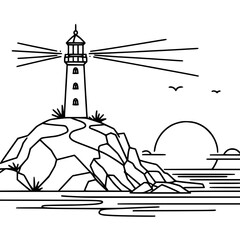Poster - Lighthouse on rocky island with sunset and ocean view - Concept of single line outline vector  