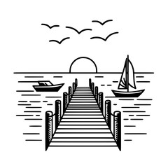 Poster - Scenic pier with boats and sunset in outline vector design  