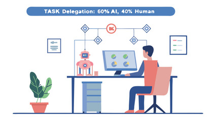 Fototapete - A cartoon illustration showing a person working at a computer with a robot assistant in an office setting