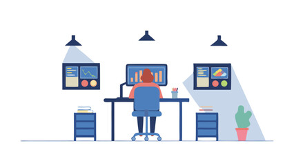Fototapete - A person sitting at a desk in front of a computer with screens and lamps in a bright office setting
