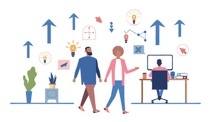 Fototapete - Illustration of diverse team members with upward arrows and lightbulbs in a bright office setting