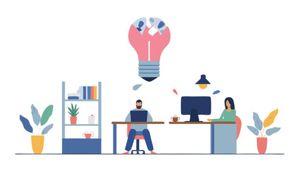 Fototapete - Illustration of office space with people working at desks under a large lightbulb idea concept icon