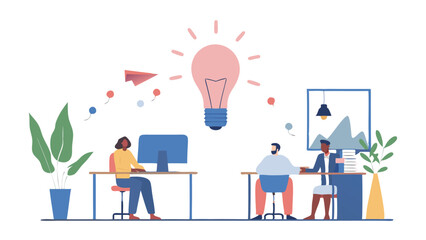 Fototapete - Illustrated office scene with two people at desks under a lightbulb representing a bright idea concept