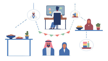 Fototapete - Illustration of remote work with diverse individuals connected through digital communication channels online