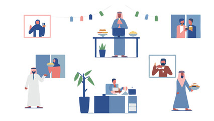 Fototapete - Illustrations of arab men in various settings including office and home with food and technology elements