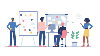 Fototapete - A group of people collaborating in an office setting with boards and a computer for brainstorming ideas