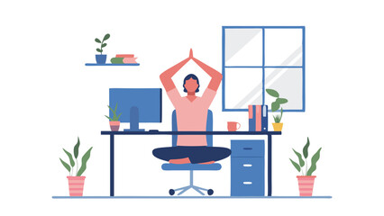 Fototapete - Illustration of a person meditating on a desk in an office with plants and a window in the background