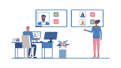 Fototapete - Illustration of office setting with people in meeting and computer screens displaying video call participants