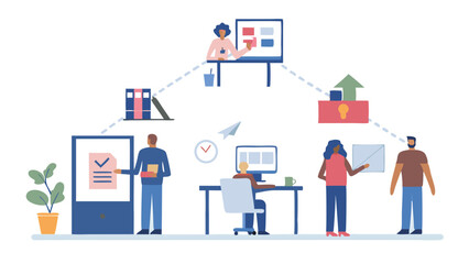 Fototapete - Illustration showing a team collaborating on tasks with a whiteboard and computer screens in a modern office