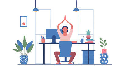 Fototapete - A woman practicing yoga in an office setting with a desk computer and potted plants in the background