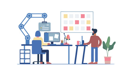 Fototapete - Illustration of a modern office space with people working at desks and a robotic arm present in the scene