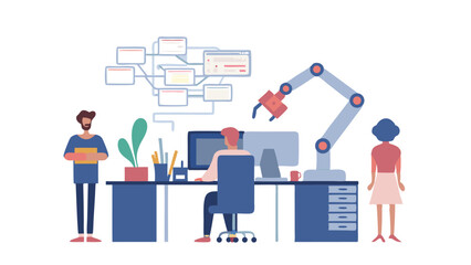 Fototapete - Illustration of a workplace with people at desks and a robotic arm, indicating automation and technology