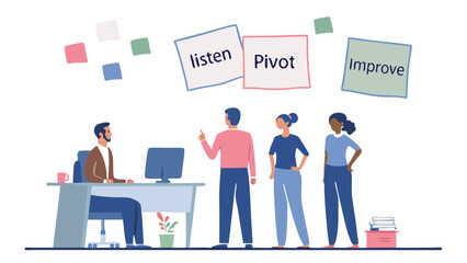 Fototapete - Illustration of a business meeting with diverse team and listen pivot improve sticky notes above them