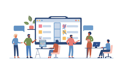 Fototapete - Team collaboration illustration showing people working together in a modern office environment setting design